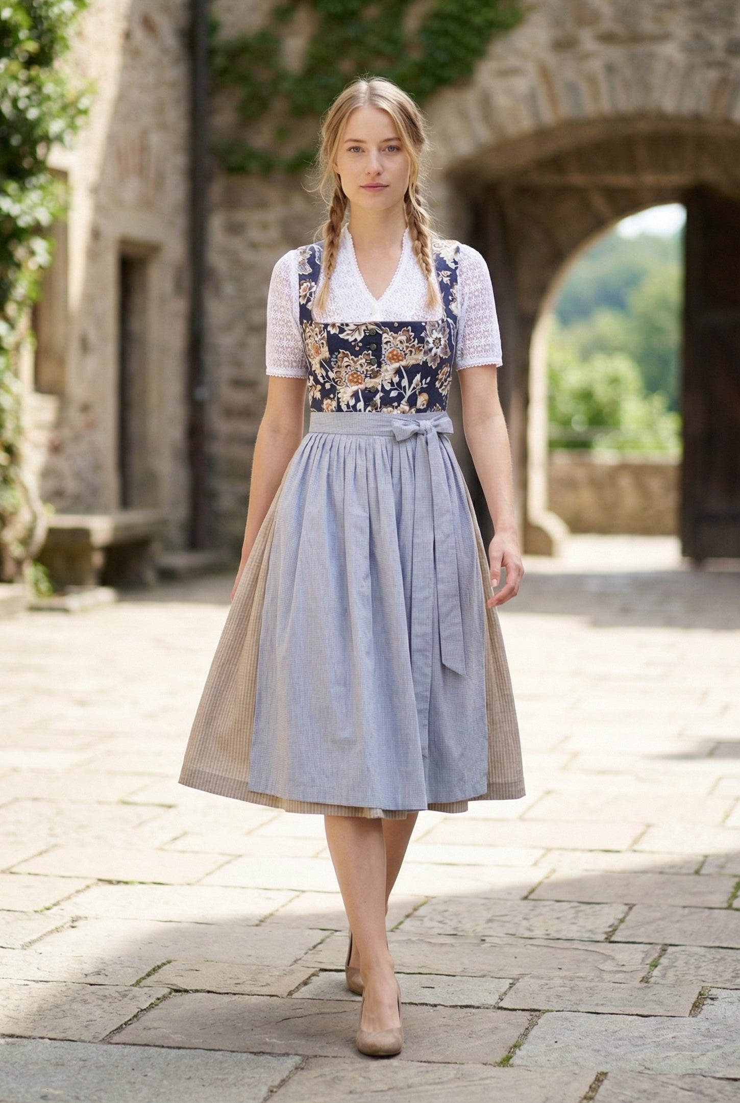 Berwin Long Dirndl 2pcs. 75cm "Kirsten" floral blue (40,42,46,48)
