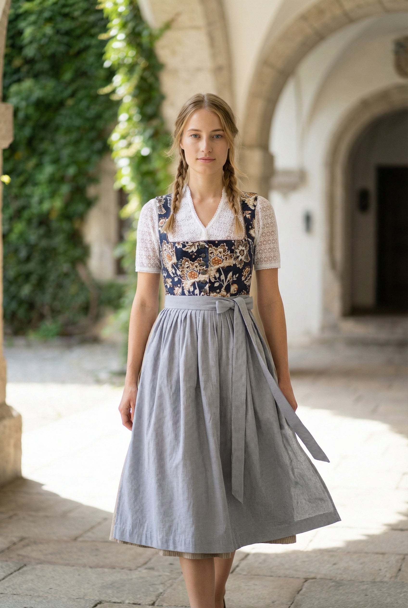 Berwin Long Dirndl 2pcs. 75cm "Kirsten" floral blue (40,42,46,48)