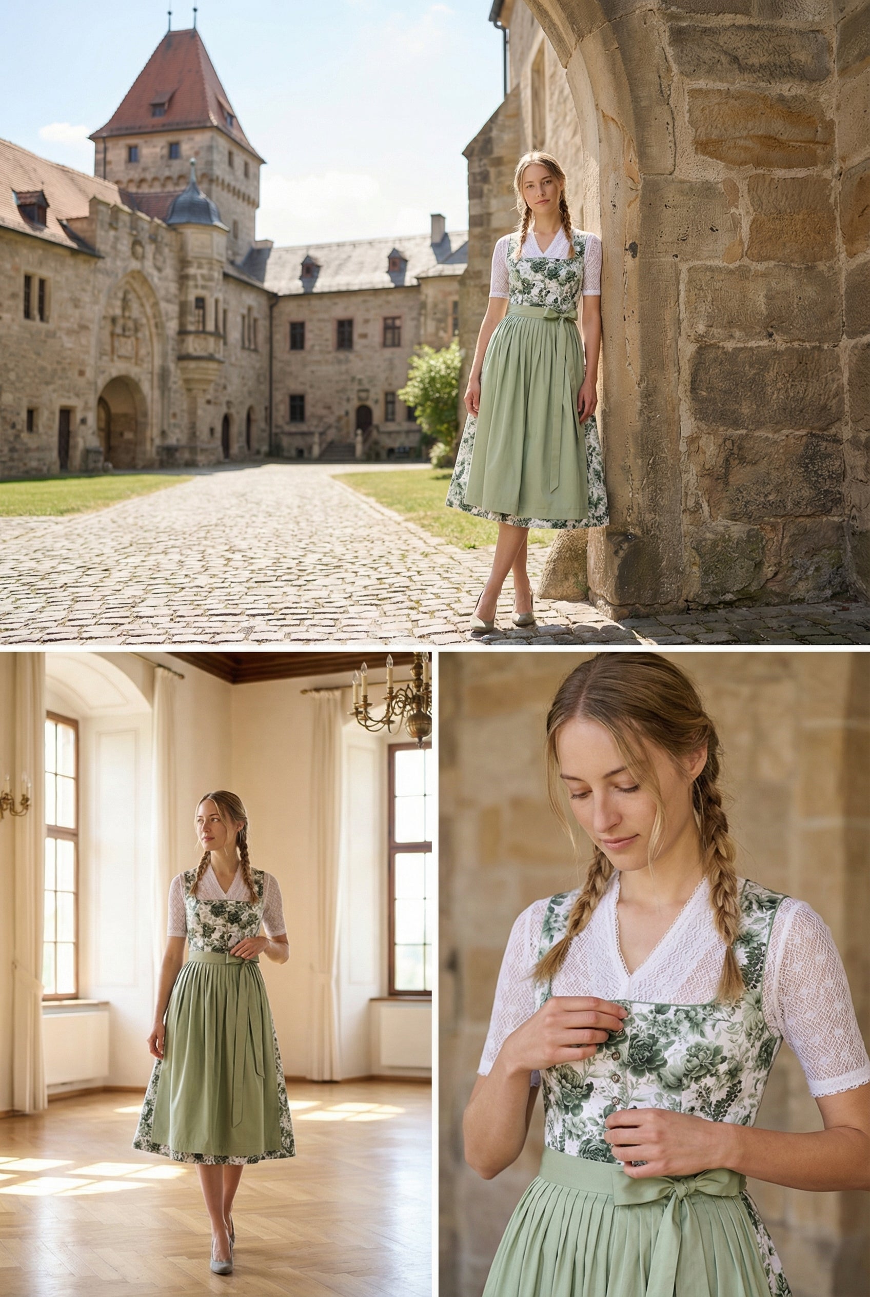 Berwin Long Dirndl 2pcs. 75cm "Blossom" green