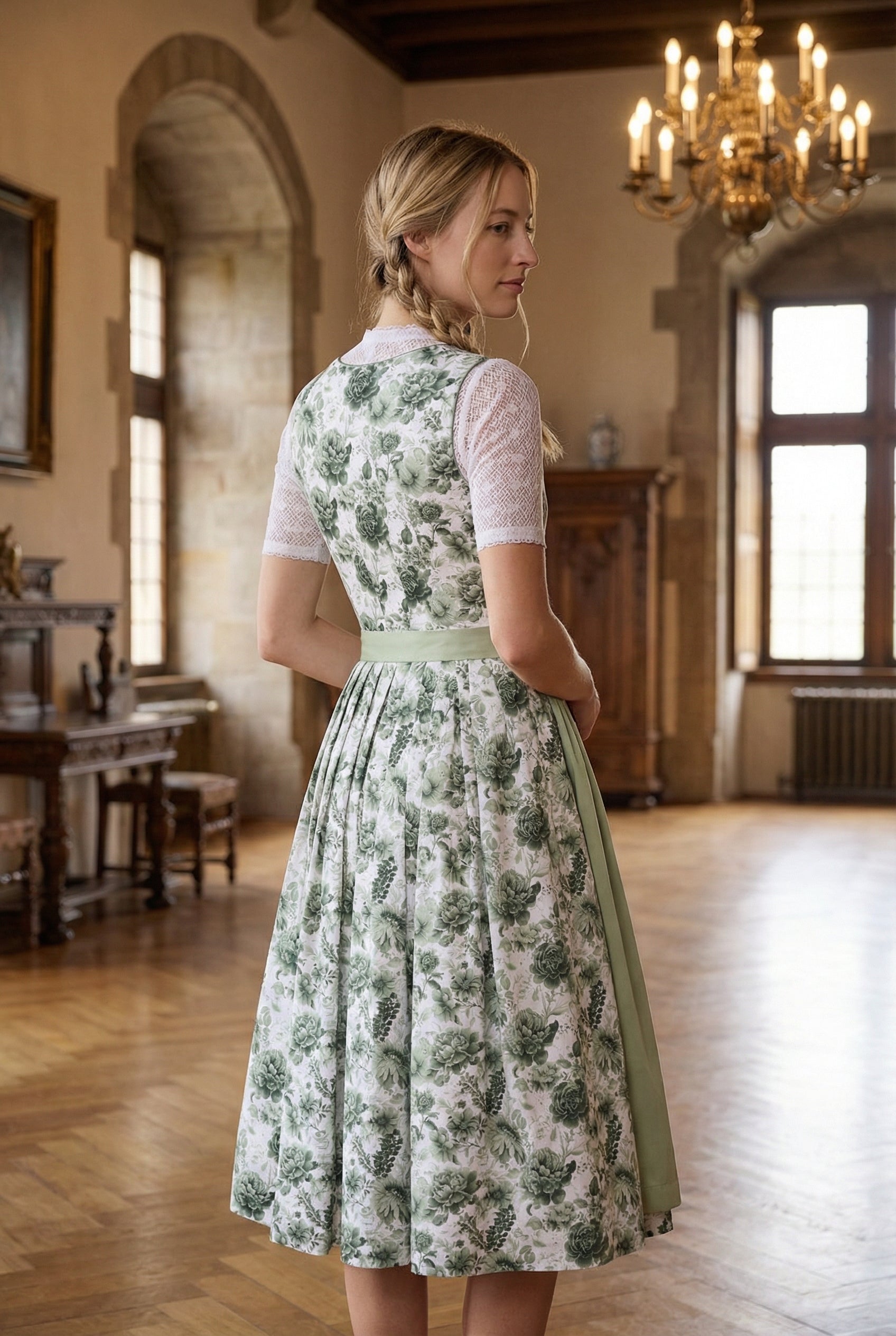 Berwin Long Dirndl 2pcs. 75cm "Blossom" green