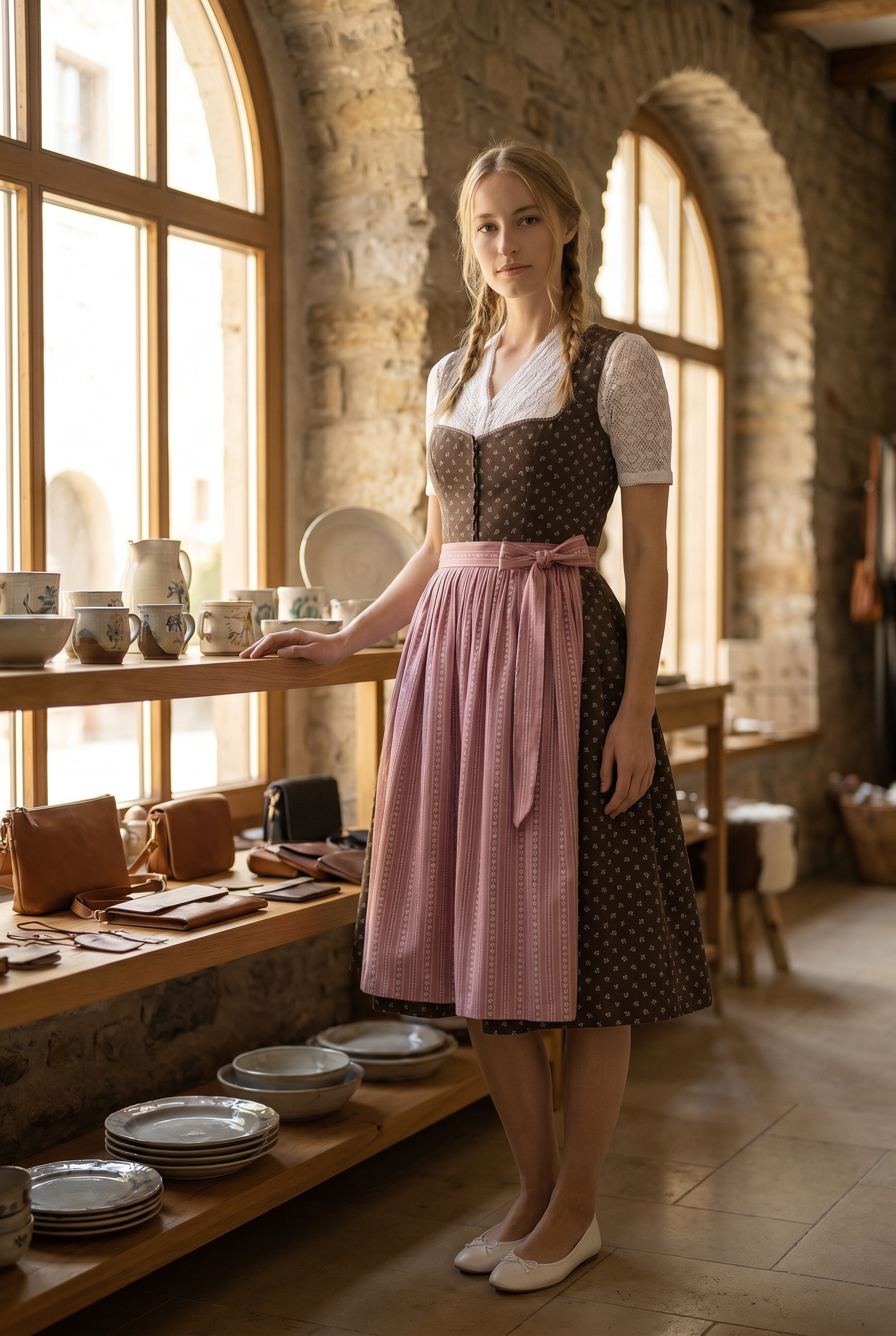 Berwin Midi Dirndl 2pcs. 60cm "Emma" brown/pink